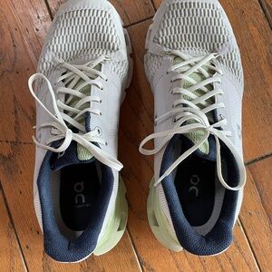 On Cloud Running White and Light Green Athletic Shoes